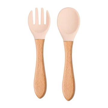 Juego de Cuchara y Tenedor en Silicona con Mango en Madera