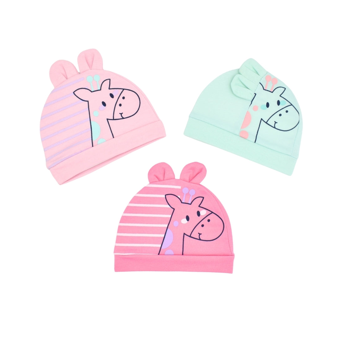 Set De Gorros X3 Orejitas Estampado Jirafa