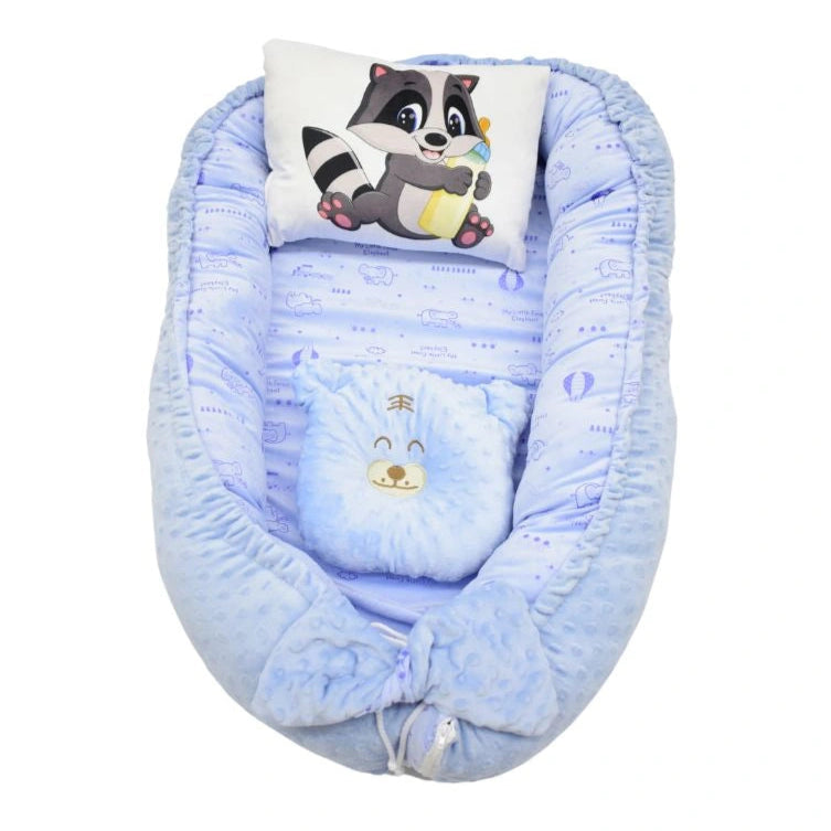Nido Antirreflujo para Bebé Azul con Almohada Diseño de Mapache