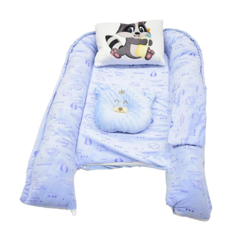 Nido Antirreflujo para Bebé Azul con Almohada Diseño de Mapache