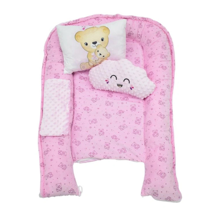 Nido Antirreflujo para Bebé Rosado con Almohada Diseño de Ositos y Almohada Nube en Burbuja