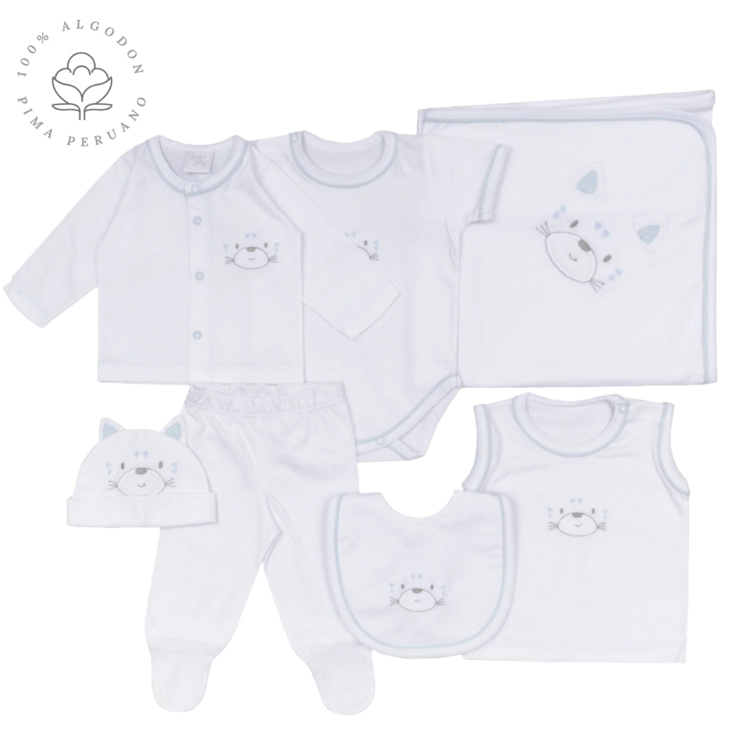 Set Primer Día 7 Piezas con Bordado Gato Celeste
