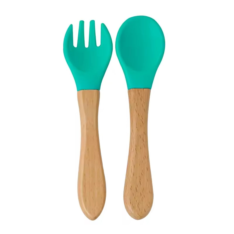 Juego de Cuchara y Tenedor en Silicona con Mango en Madera