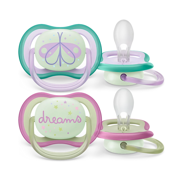Chupo De Entretención Ultra Air Avent Mariposa-Dreams Azul-Rosa Nighttime  0-6M+