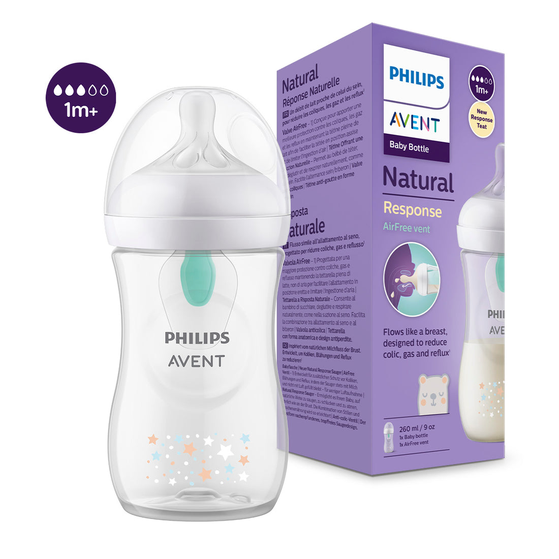 Tetero Natural Response Con Válvula Antocólicos Air Free Avent  9oz Estrellas-Oso