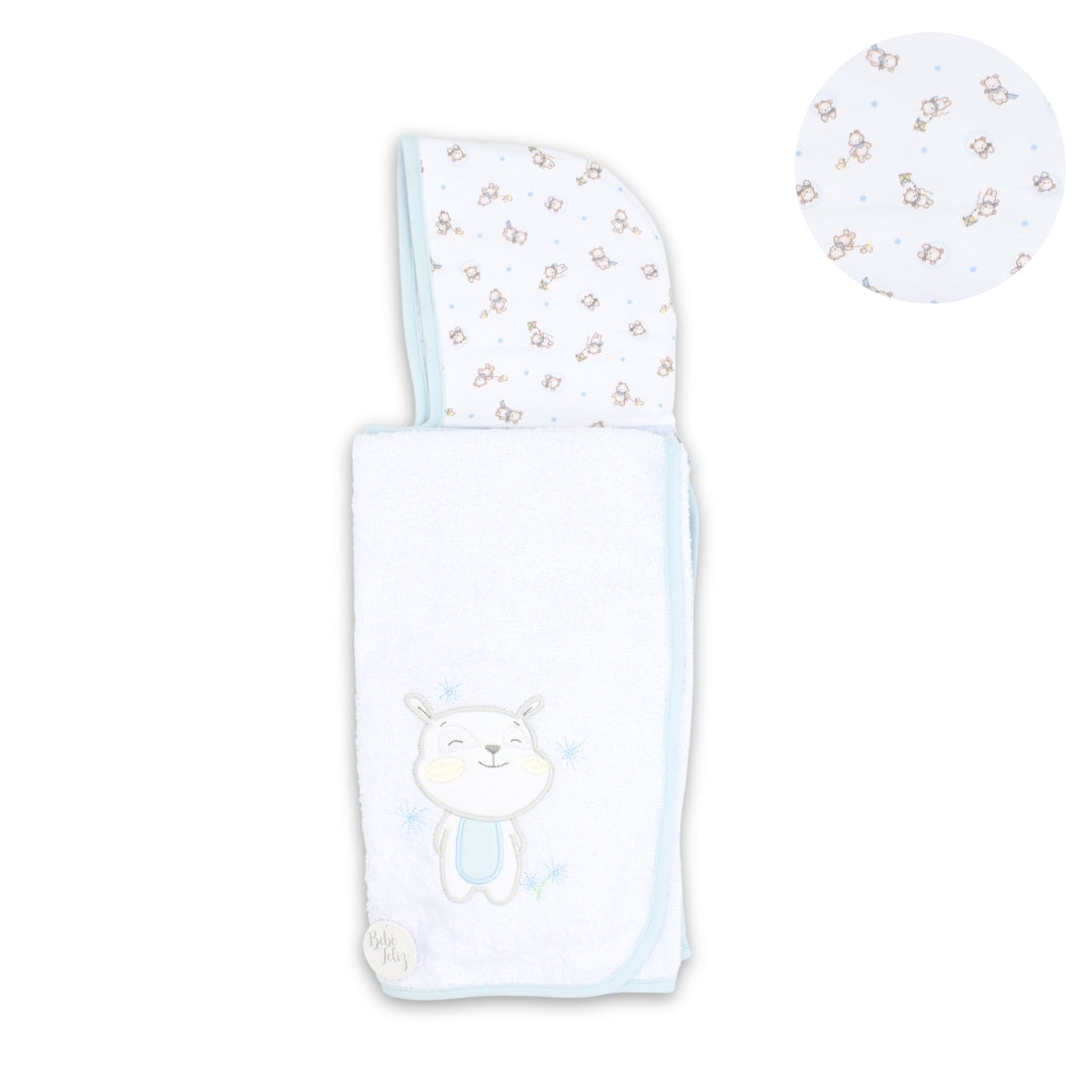 Toalla Con Capota Bordado Animal - Celeste
