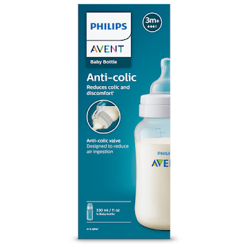 Tetero Válvula Anticólicos Avent 3 meses+ 11Oz Azul